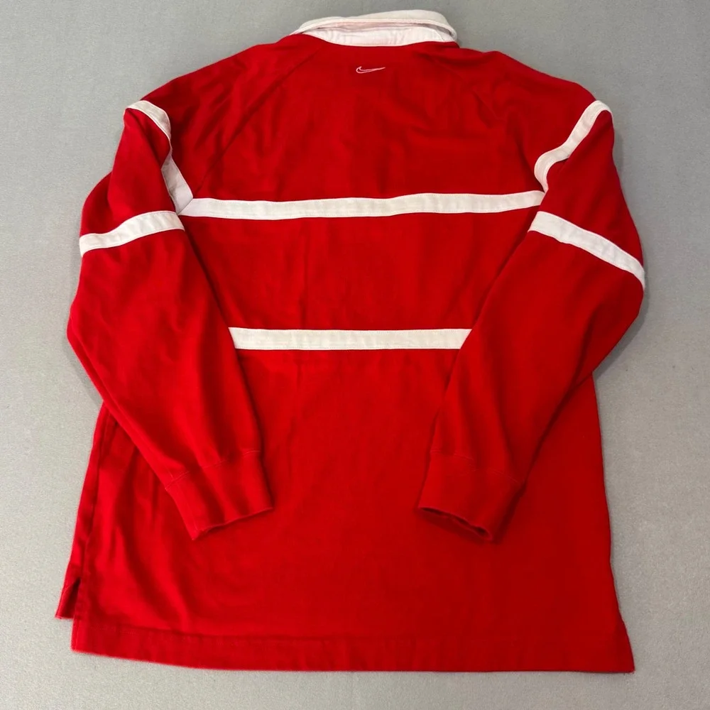 Nike Rugby Shirt Mens Large Red‎ White Striped Swoosh Embroidered Long Sleeve